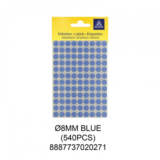 MAYSPIES MS008 COLOUR DOT LABEL / 5 SHEETS/PKT / 540PCS/ ROUND 8MM BLUE